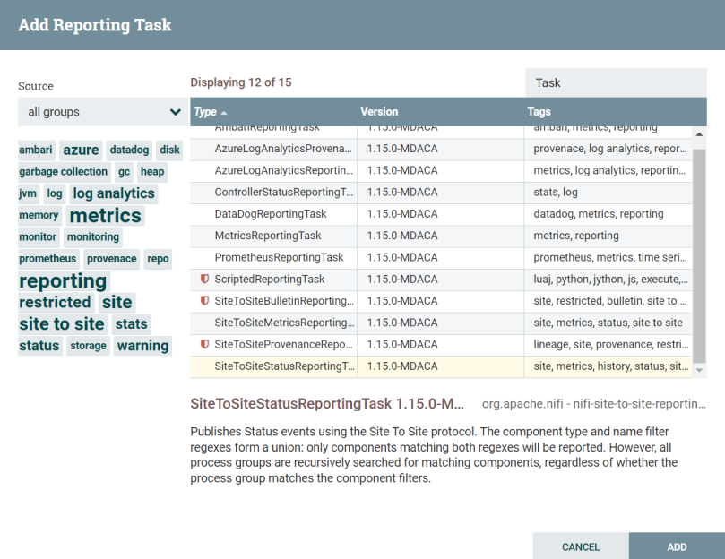 Add Reporting Task Window